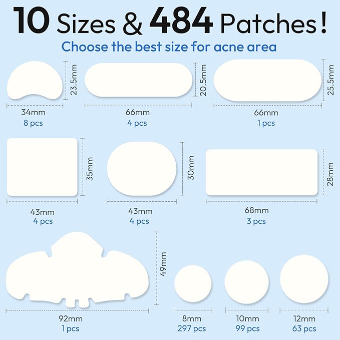 Large Pimple Patches Full Face,484 Patches,XL Acne Patches,Big Hydrocolloid Bandages for Body, Forehead, Chin, Neck Zit Breakouts w/Tea Tree, Salicylic Acid & Cica Oil|,Freely Customized Pimple Patch