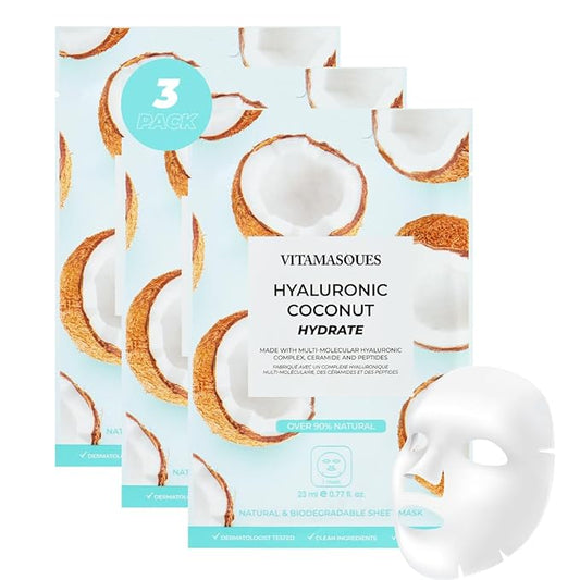 Vitamasques Biodegradable Coconut Face Mask, Hydrating Hyaluronic Acid, for All Skin Types (Pack of 3)
