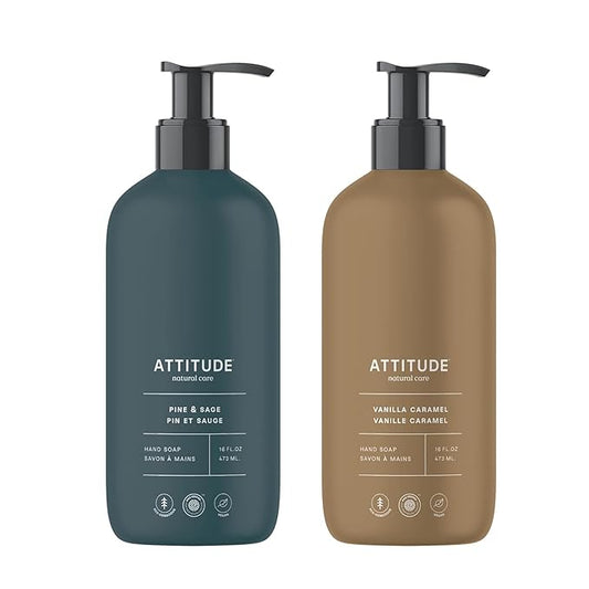 Bundle of ATTITUDE Liquid Hand Soap, EWG Verified, Plant and Mineral-Based, Vegan Personal Care Products, Vanilla Caramel, 16 Fl Oz + Pine & Sage, 16 Fl Oz