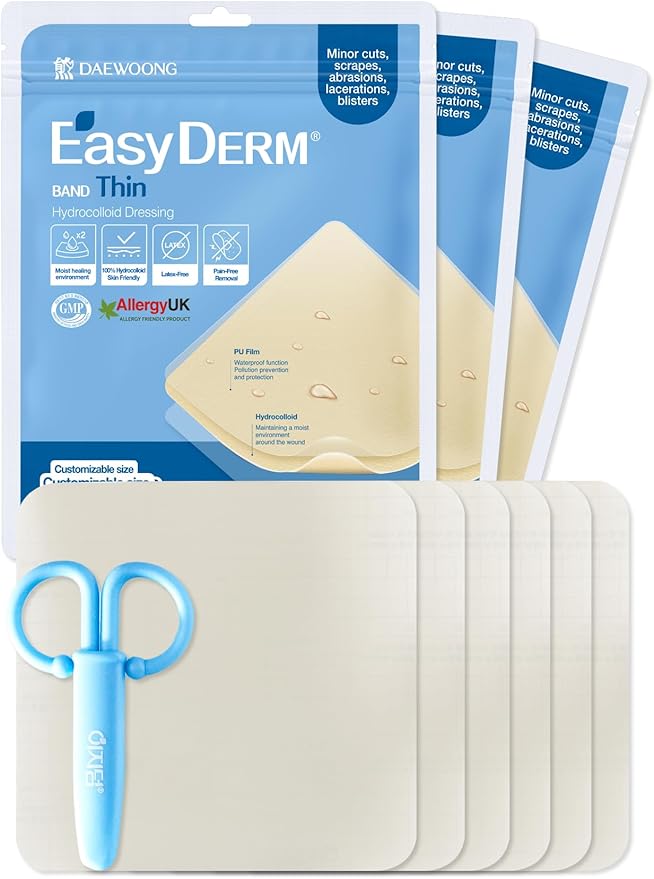 Easyderm Thin Hydrocolloid Large Wound Dressing 4”x4” 3Pack (6 Dressings) Waterproof, Latex Free, Highly Absorbent Dressing for Burns, Blisters, Acne Care and Wound Healing with Mini Scissor