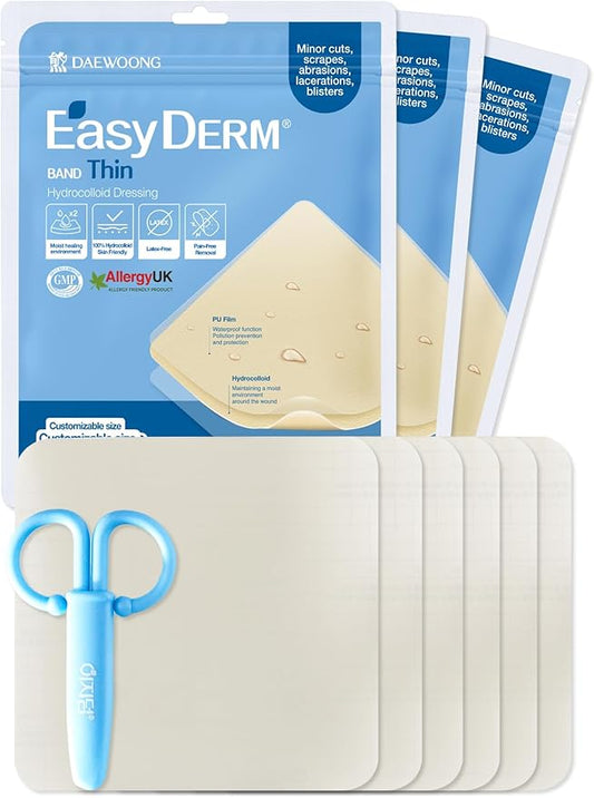 Easyderm Thin Hydrocolloid Large Wound Dressing 4”x4” 3Pack (6 Dressings) Waterproof, Latex Free, Highly Absorbent Dressing for Burns, Blisters, Acne Care and Wound Healing with Mini Scissor