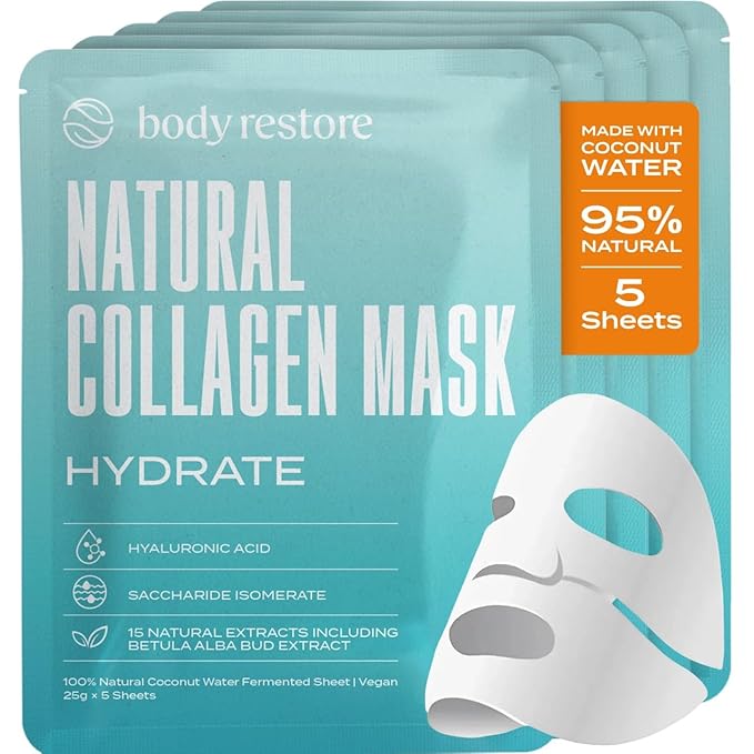 Body Restore Natural Collagen Face Mask 5 Pack – Korean Skin Care Sheet Mask with Fermented Coconut Water – Birthday Gifts for Women & Men, Support Deep Moisture, Dry Skin, Clean Beauty - Hydrate
