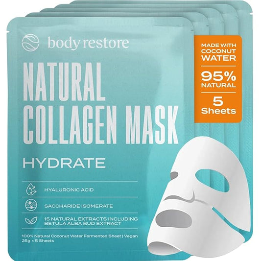 Body Restore Natural Collagen Face Mask 5 Pack – Korean Skin Care Sheet Mask with Fermented Coconut Water – Birthday Gifts for Women & Men, Support Deep Moisture, Dry Skin, Clean Beauty - Hydrate