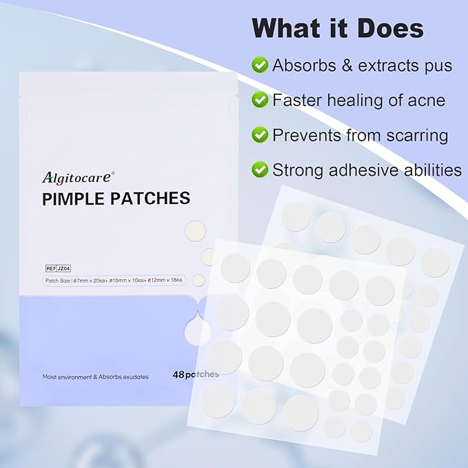 Pimple Patches for Face, Hydrocolloid Pimple Acne Patch for Covering Zits and Blemishes, Spot Stickers for Facial Skin Care (48 Count)
