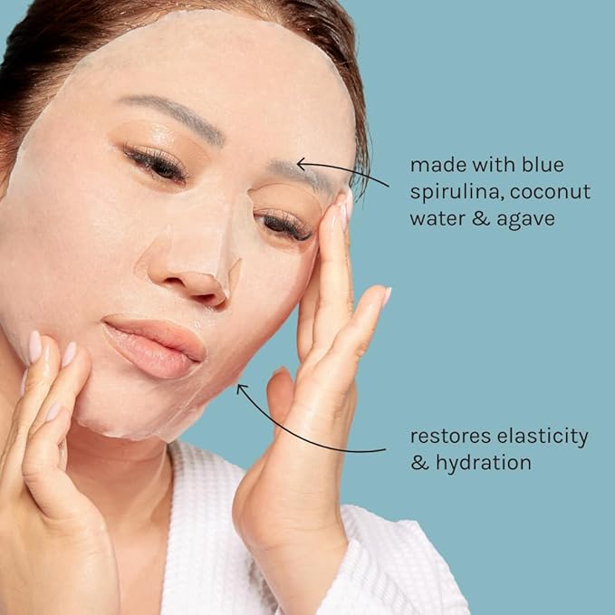ESW Beauty The Blue Dream - Moisture Repair Raw Juice Face Mask (6-Pack) - Hydrating with Blue Spirulina, Coconut Water & Agave for Dry, Sensitive Skin - Replenishes & Fights Aging