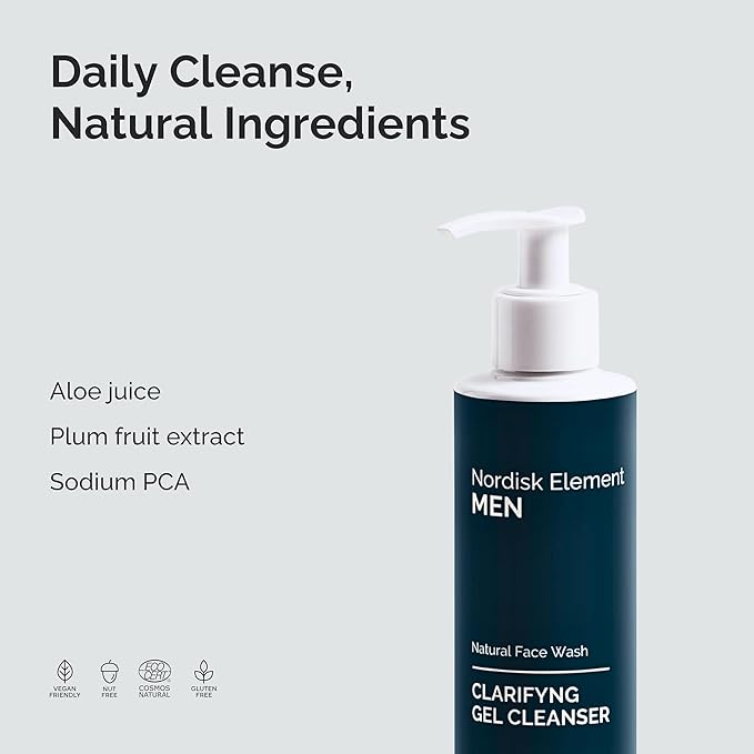 Nordisk Element Clarifying Gel Cleanser for Men with Plum Extract, Gentle Daily Face Wash for All Skin Types, Non-Stripping and pH Balanced, 100% Natural, Vegan, Sulfate-Free, 6.76 Fl Oz