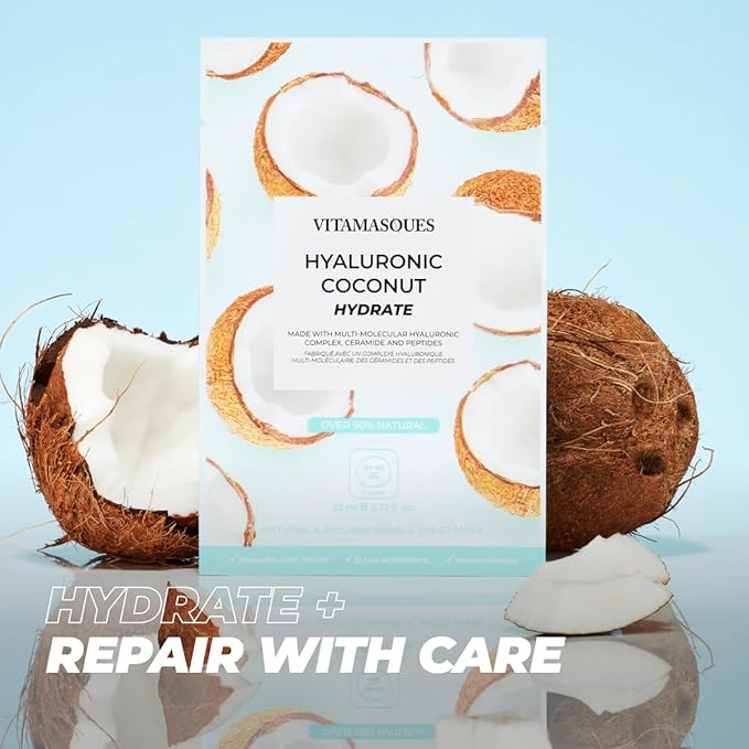 Vitamasques Biodegradable Coconut Face Mask, Hydrating Hyaluronic Acid, for All Skin Types (Pack of 3)