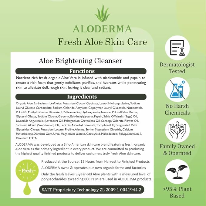 Aloderma Skin Brightening Face Cleanser Made with Organic Aloe Vera - Natural Brightening Daily Face Wash with Niacinamide & Papaya for Radiant Skin Tone - Natural Formula for Everyday Use, 4.2oz