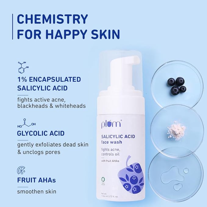 Plum 1% Encapsulated Salicylic Acid Foaming Face Wash with Glycolic Acid, Fruit AHA's & Blueberry Extracts | Fights Acne, Blackheads & Breakouts | For Men & Women | Sulphate-Free | 100% Vegan | 110 ml