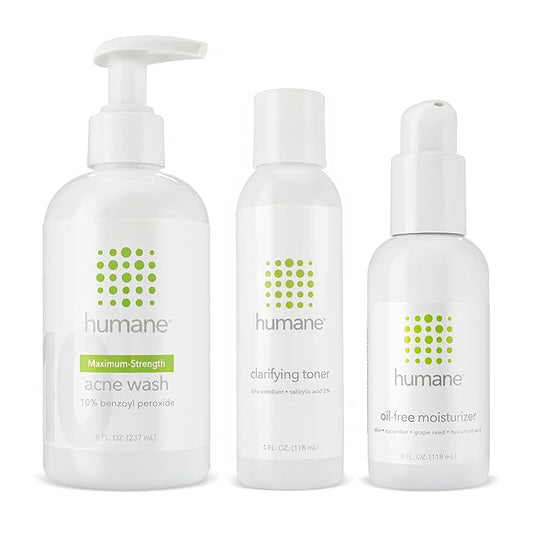 humane Maximum-Strength Acne Wash, Clarifying Toner, and Oil-Free Moisturizer Bundle - 10% Benzoyl Peroxide Acne Treatment