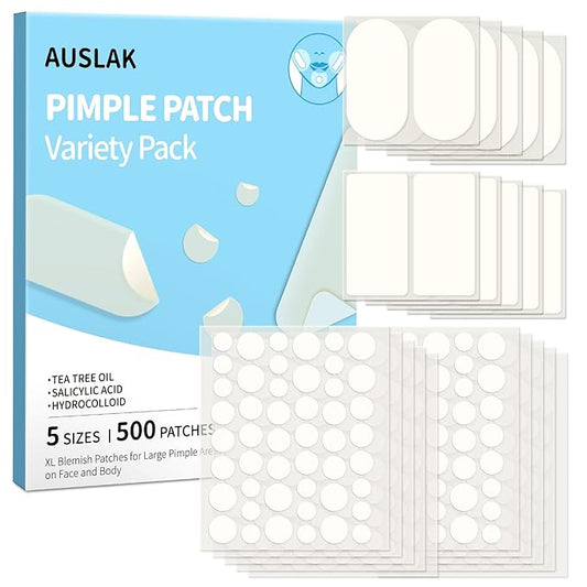 AUSLKA Large Pimple Patches for Face (5 Sizes 500 Patches), XL Hydrocolloid Pimple Patch, Big Hydrocolloid Zit Spot Patches for Breakouts, Body, Cheek, Forehead, Chin and Back