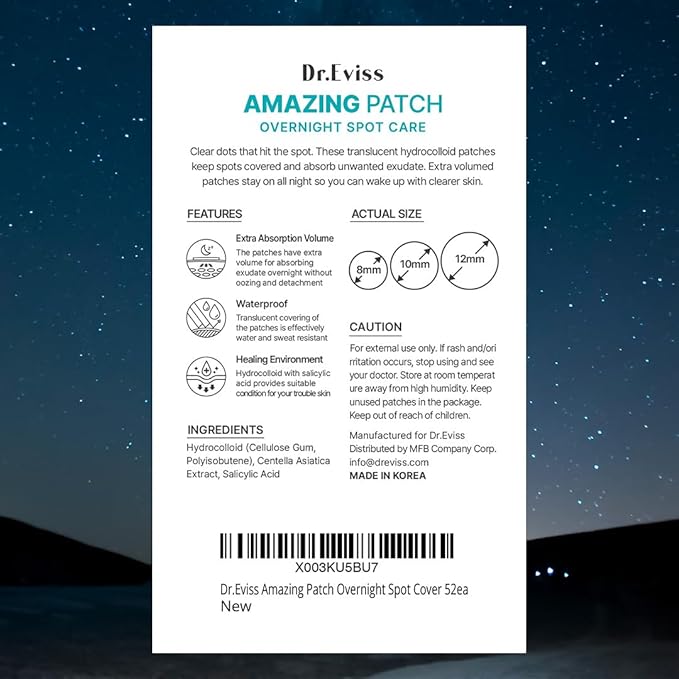 Amazing Patch - Korean Skin-tech Pimple Patch Invisible Spot Cover Over Night, Acne Patches for Face, Zit and Blemish Spot - 52ea