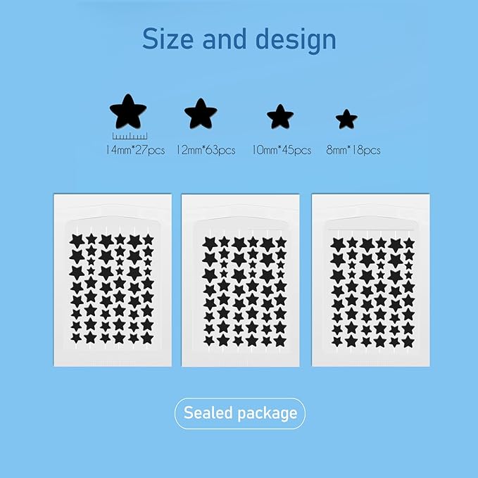 Black Star Pimple Patches for Face, 153 Counts Hydrocolloid Star Acne Patches, Cute Zit Covers for Face, Spot Stickers with Tea Tree, Salicylic Acid and Cica Oil