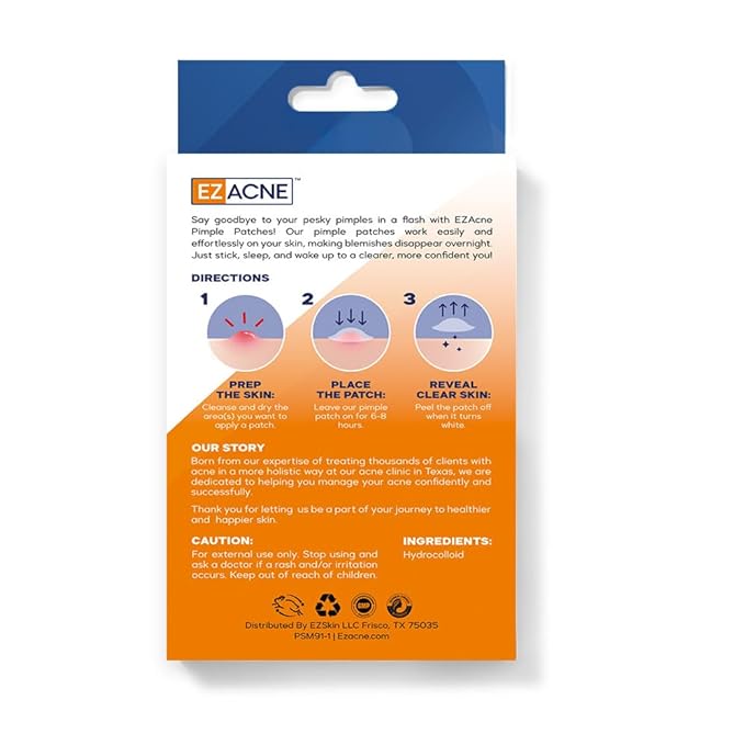 EZACNE™ Pimple Patches for Face - Thin Medical-Grade Hydrocolloid Acne Patches for Zits and Blemishes, Spot Treatment Stickers for Face and Skin, Tapered Edges to Blend Into Skin (36 Count)