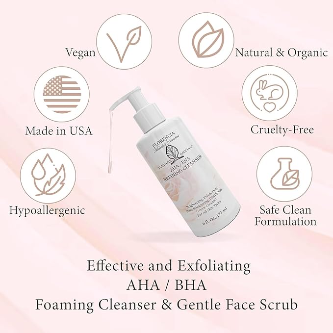 Florencia AHA BHA Refining Cleanser - Gentle Daily Exfoliating Face Wash with Glycolic, Salicylic, Lactic Acid, and Jojoba Beads - Pore Perfecting Facial Cleanser, 6 oz