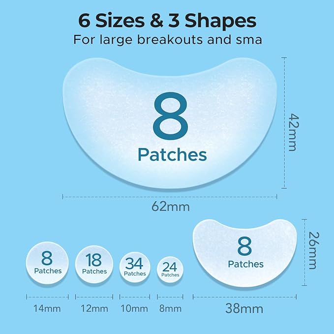 TKTK Chin Pimple Patches (100 Count 6 Sizes), XL Contoured Hydrocolloid Chin Patch 62x42 mm, Large Acne Patch for Face Blemishes Zit Breakouts, Maximum Absorption Overnight Stickers
