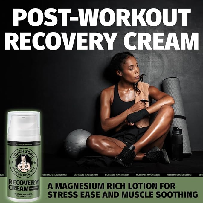 Coach Soak Magnesium Cream with MSM in Pump Bottle - Natural Recovery Cream with Magnesium Chloride & Menthol - Fast-Absorbing for Muscles & Joints, Eucalyptus 3.4oz