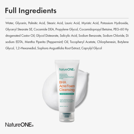 NATUREONE BHA Acne Foam Cleansing, Acne Face Wash, Salicylic Acid for Acne Prone Skin, Exfoliator, Sebum, Blackhead Remover and Dead Cells, Foaming Pore Cleanser, Korean Skincare, 100ml, 3.38 fl.oz.