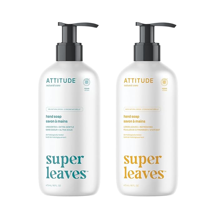 Bundle of ATTITUDE Liquid Hand Soap, EWG Verified, Plant and Mineral-Based, Vegan Personal Care Products, Lemon Leaves, 16 Fl Oz + Unscented, 16 Fl Oz
