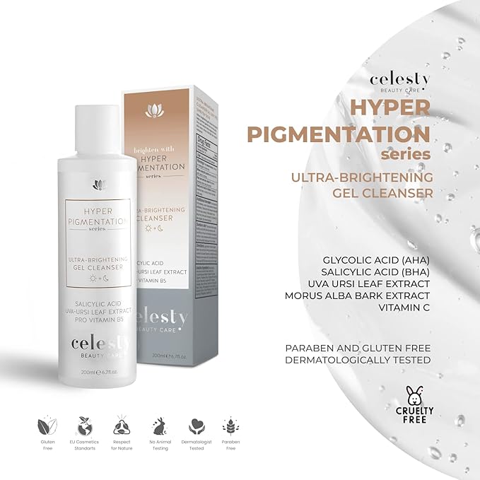 Celesty Beauty Brightening Face Wash, Facial Cleanser Gel Vitamin C, Glycolic Acid (AHA), Salicylic Acid (BHA) Uva Ursi Leaf Extract, Pro Vitamin B5 For Sensitive Skin Large 6.7 fl.oz.