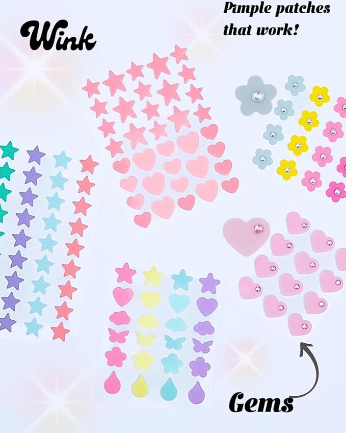Hydrocolloid Natural Pimple Patches, 120-Count (Exclusive Gem/Bling Acne Stickers) Gentle Tea Tree & Centella For Face Skincare - Star, Heart, Flower And Cloud Shapes, Teen Tween Girl Facial Treatment