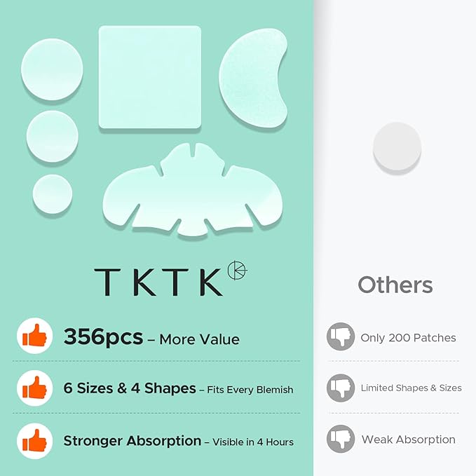 TKTK Pimple Patches for Face, 6 Sizes Hydrocolloid Acne Patch Variety, Large Acne Stickers for Cheeks, Forehead, Chin, Nose, Back Blemishes Zit Breakouts (4 Shapes 356 Count)