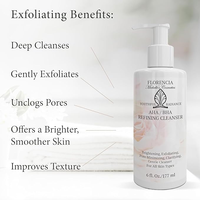 Florencia AHA BHA Refining Cleanser - Gentle Daily Exfoliating Face Wash with Glycolic, Salicylic, Lactic Acid, and Jojoba Beads - Pore Perfecting Facial Cleanser, 6 oz
