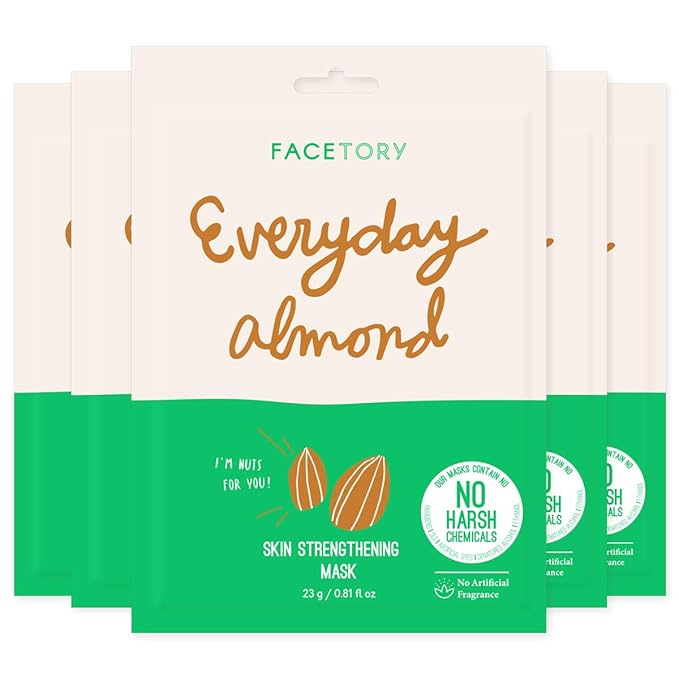 FACETORY K Beauty Face Mask Skin Care - Everyday ALMOND Skin Strengthening Sheet Mask | Plant-Based with Sweet Almond Oil (5 Pack)
