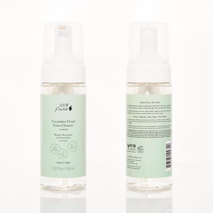 100% PURE Cucumber Cloud Natural Foam Facial Cleanser - Daily Skinfood Face Wash & Deep Hydration, Pore Cleansing, Makeup Remover for Women, Men, All Skin Types, Even Sensitive - Vegan - 5.07 oz