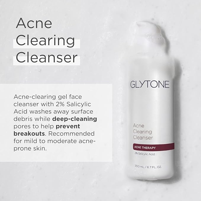Glytone Acne Clearing Cleanser - Face Wash with 2% Salicylic Acid - Daily Acne Cleanser for Oily Skin & Clogged Pores - Removes Cystic Breakouts, Blackheads, Whiteheads & Blemishes - 6.7 fl oz