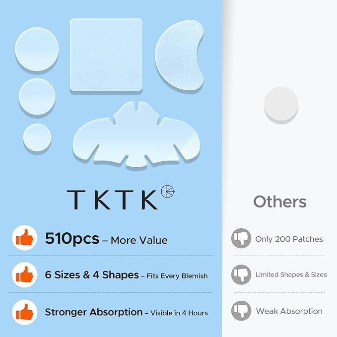 TKTK Pimple Patches for Face, 6 Sizes Hydrocolloid Acne Patch Variety, Large Acne Stickers for Cheeks, Forehead, Chin, Nose, Back Blemishes Zit Breakouts (4 Shapes 510 Count)