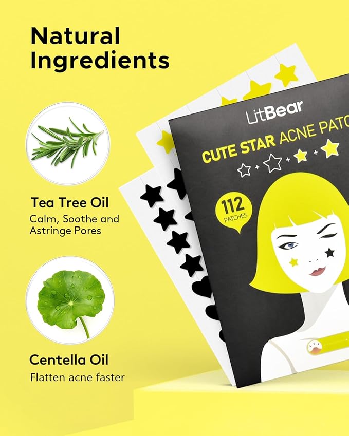 LitBear Acne Patch Pimple Patch, Black & Yellow Star Shaped Acne Absorbing Cover Patch, Hydrocolloid Acne Patches For Face Zit Patch Acne Dots, Tea Tree Oil + Centella, 112 Patches, 14mm & 10mm