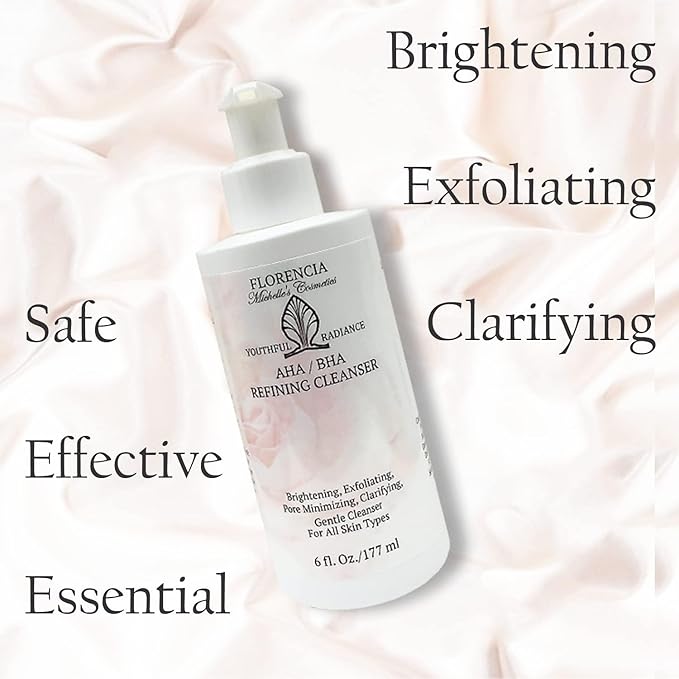 Florencia AHA BHA Refining Cleanser - Gentle Daily Exfoliating Face Wash with Glycolic, Salicylic, Lactic Acid, and Jojoba Beads - Pore Perfecting Facial Cleanser, 6 oz