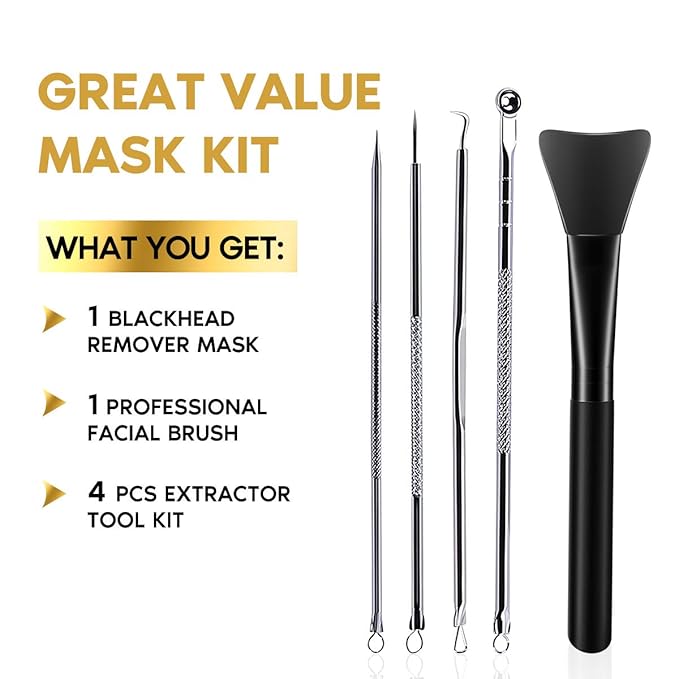 YLNALO Blackhead Remover Mask Kit, Charcoal Peel Off Facial Mask with Brush and Pimple Extractors, Deep Cleansing for Face Nose Blackhead Pores Acne, For All Skin Types (3.5 Fl.oz)