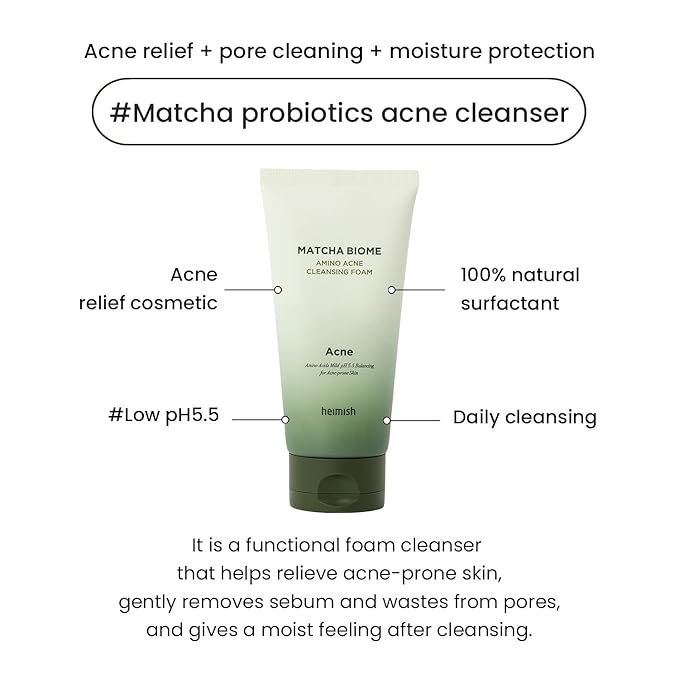 HEIMISH Matcha Biome Amino Acne Cleansing Foam - Deep Cleansing, Hydrating, Calming Facial Cleanser, Gentle Daily Face Wash with Amino Acids, Probiotics, for Oily & Acne-prone Skin, 5.3oz/150g