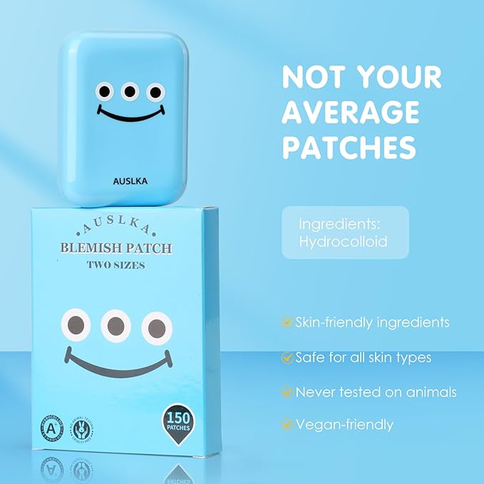 AUSLKA Pimple Patches for Face (150 Patches),Hydrocolloid Blemish Patches,Invisible Spot Cover for Face and Skin - with Temporary Mirror