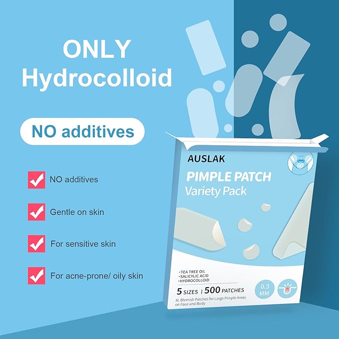 AUSLKA Large Pimple Patches for Face (5 Sizes 500 Patches), XL Hydrocolloid Pimple Patch, Big Hydrocolloid Zit Spot Patches for Breakouts, Body, Cheek, Forehead, Chin and Back