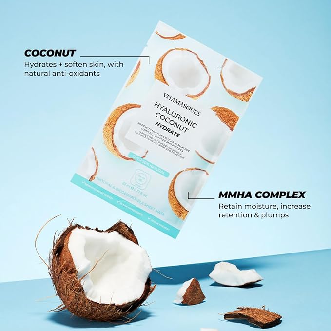 Vitamasques Biodegradable Coconut Face Mask, Hydrating Hyaluronic Acid, for All Skin Types (Pack of 3)