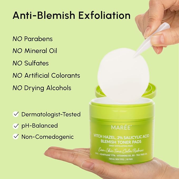 MAREE Blemish Toner Polishes - Daily Facial Radiance Toner Polish - Witch Hazel Pads Acne Face Toning - Acne Skin Care with BHA Salicylic Acid - Blemish Clearing Witch Hazel Wipes