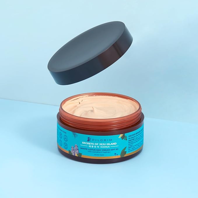 Pilgrim Korean White Lotus Day Cream SPF 50 (PA+++) | Infused with Camellia & Yugdugu | Reduces Wrinkles | Fights Dark Spots & Provides Healthy Skin Protection | 3.52 Oz/100gm