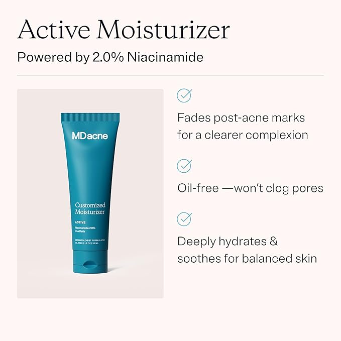 MDacne Facial Moisturizer with Niacinamide 2% - Oil-Free Active Daily Treatment Cream to Reduce Under-Eye, Dark Circles & Wrinkles - Soothing & Moisturizing 2 oz (Pack of 1)