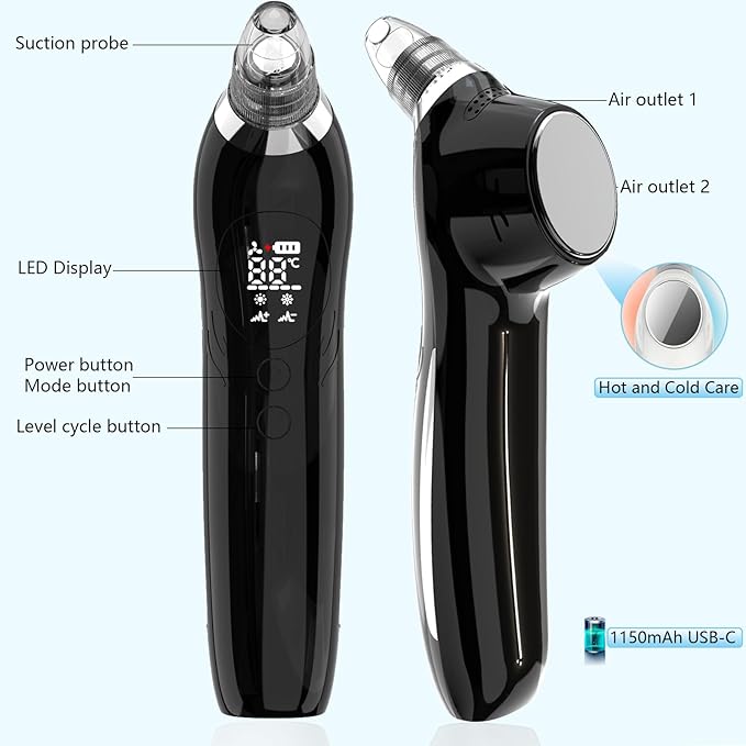Blackhead Remover Vacuum Face Suction Pore Cleaner with Hot&Cold Compress Positive&Negative Ion Massage Nose Whitehead Remover Pimple Sucker with 5 Probes Pore Extractor Tool… (Black)