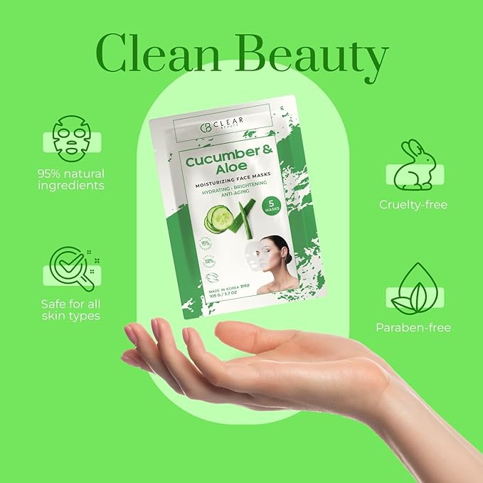 Cucumber & Aloe Moisturizing Face Mask - Dermatologist Tested, Soothes Irritated Skin, Reduces Wrinkles & Fine Lines, Hydrating, Cruelty-Free Korean Skin Care - All Skin Types - 4 Pack