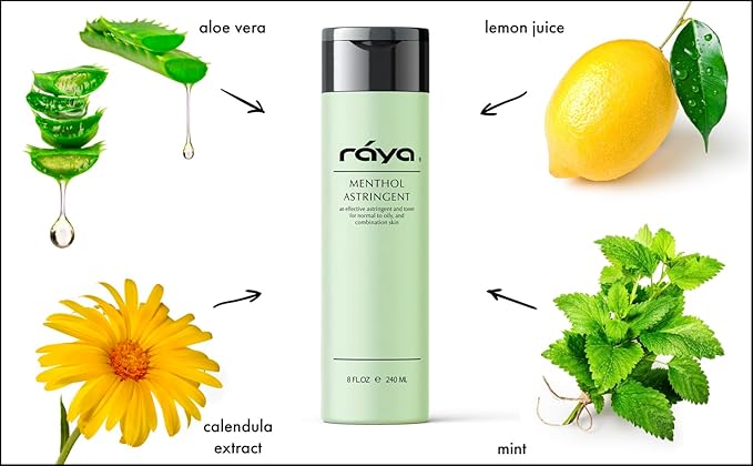 RAYA Menthol Astringent 6 oz (203) | Effective Facial Toner for Combination and Partially Oily Skin Prone to Break-Outs | Helps Refine, Tighten, and Protect pH Balance | Cools, Refreshes and Soothes