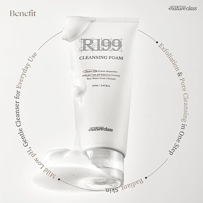 R199 Gentle Cleansing Foam with Rice Bran Extract–Deep Cleansing,Exfoliating, Hydrating & Low pH Formula for Radiant Skin, Makeup Removal, Korean Skincare 5.07 fl.oz.