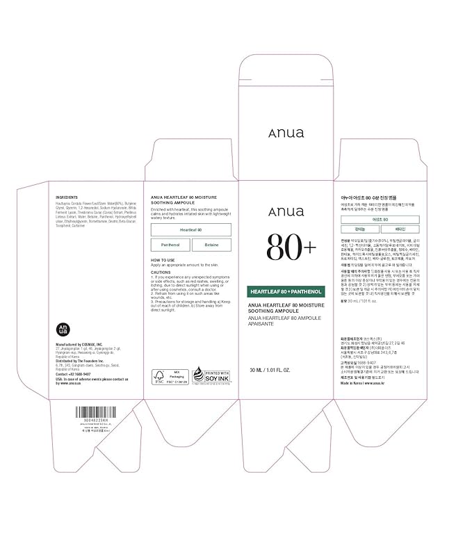 Anua Heartleaf 80 Soothing Ampoule, Hydration Facial Serum for Glass Skin, Panthenol, Hyaluronic Acid, Non-Greasy, Gentle Formula, Lightweight Essence, Vegan, Korean Skin Care, 30ml/1.01 fl.oz