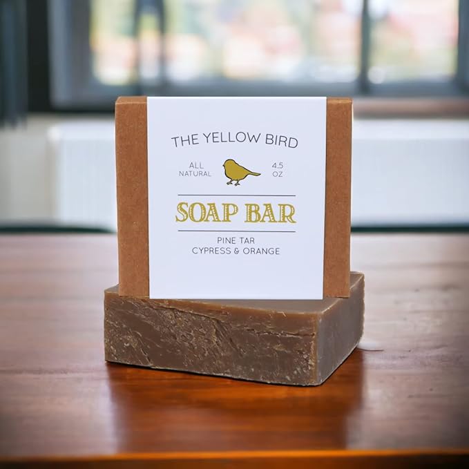 The Yellow Bird Pine Tar Soap Bar – Natural Handmade Face & Body Wash for Men & Women – Moisturizing Cleanser with Shea Butter, Olive & Coconut Oils, and Woodsy Essential Oil Blend (Made in USA)