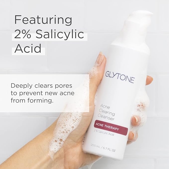Glytone Acne Clearing Cleanser - Face Wash with 2% Salicylic Acid - Daily Acne Cleanser for Oily Skin & Clogged Pores - Removes Cystic Breakouts, Blackheads, Whiteheads & Blemishes - 6.7 fl oz