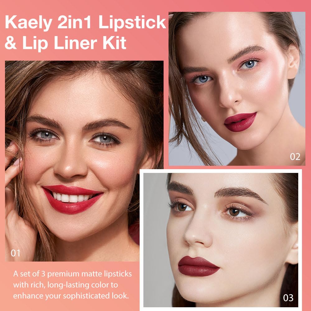 Kaely 3Pcs Gradient Matte Lipstick Lip Liner Pencil Set for Women, 2in1 Flawless Contour Gradual Ombre Effect Lip Pencil Makeup Waterproof, labiales mate 24 horas originales, 01+02+03