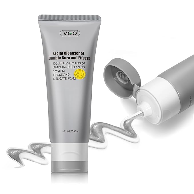 VGO Facial Cleanser, Daily Face Wash for Deep Pore Cleanser and Makeup Remover for Sensitive Oily Skin, Double Tube Design with Hyaluronic Acid, 3.52 Oz
